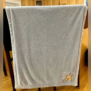Large Crib Size Winne the Pooh Baby Blue Plush Blanket. 34”x44”.